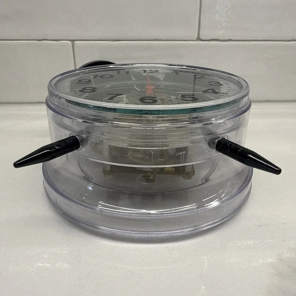Vintage Wind Up Skeleton Alarm Clock Clear Acrylic Case Twin Bell Mechanical HTF